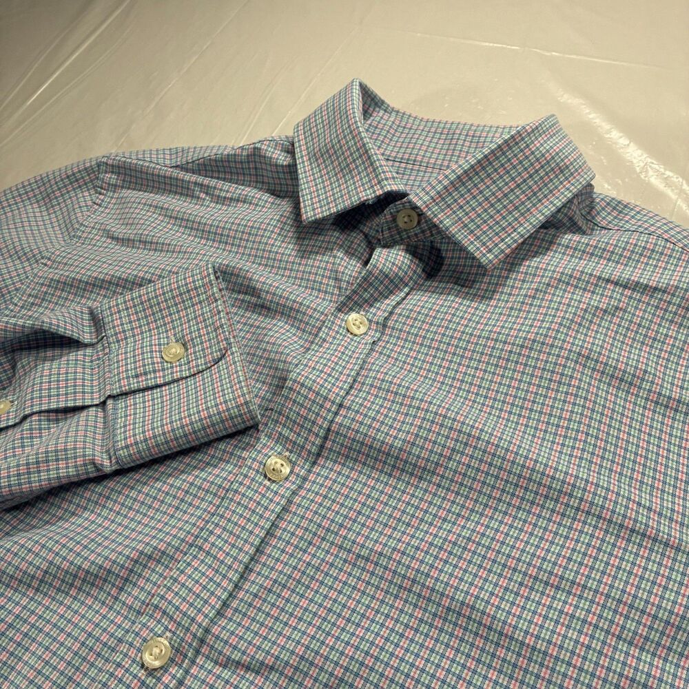 Vineyard Vines Slim Fit Cooper Shirt Mens Small Green Pink Plaid Performance